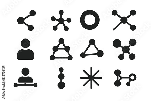 Network Centrality Icons. Solid style icons of network centrality: betweenness hub, degree node chart, closeness circle,