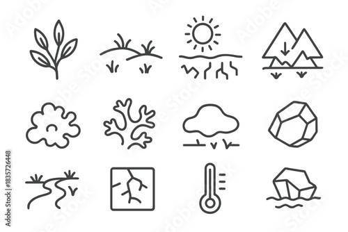Arctic Vegetation Icons. Line style icons of Arctic Vegetation Study: Shrub Expansion, Tundra, Thawing Permafrost, Landscape Shift