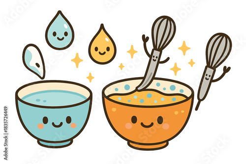Cheerful Doodle Emulsion. Cute doodle emulsion experiment with cheerful mixing bowls, smiling droplets of oil and water, cartoon