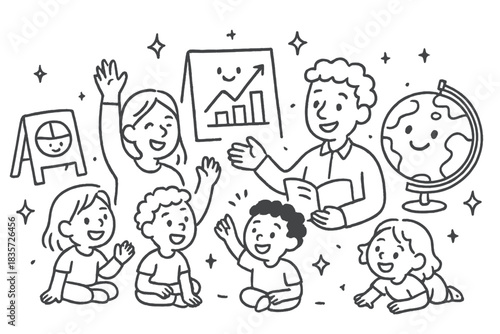 Whimsical Educational Workshop. Magical doodle community education workshop with smiling teachers, cartoon students interacting,