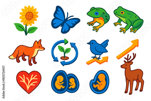 Evolutionary Adaptation Icons. Isometric vector illustration set Apparent purposefulness in organisms: plant and animal