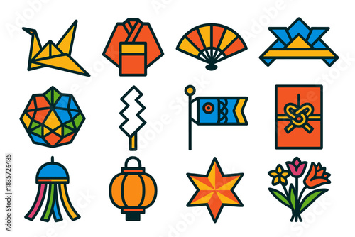 Japanese Origami Icons. Flat vector icons of cultural origami: Japanese paper crane, traditional kimono fold, decorative fan,