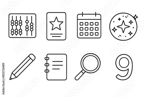 Numerology Icon Set. Line style icons of Numerology: Number Significance, Birth Date, Mystical Interpretation, Calculation; Abacus