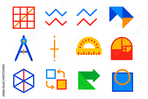 Geometric Folding Icons. Flat vector icons of mathematical principles in folding: crease pattern grid, mountain fold symbol,