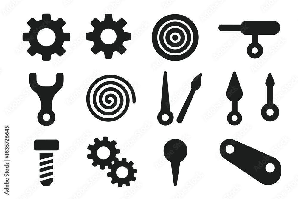 Obraz premium Mechanical Icon Set. Solid style icons of Mechanical precision: cogwheel, pinion, spring barrel, regulator index, pallet fork,