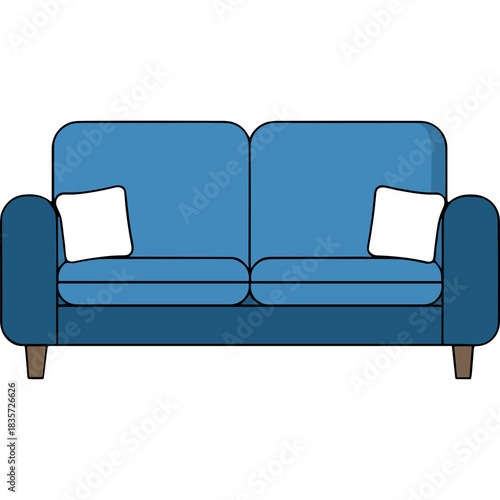 Blue Two Seater Sofa With Black Cushions on Brown Legs Isolated on Black Background