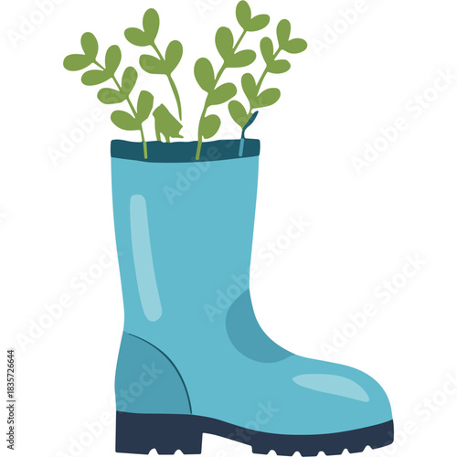 Blue Wellington Boot Serving as a Planter with Green Seedlings Growing Upwards Against a Plain Background