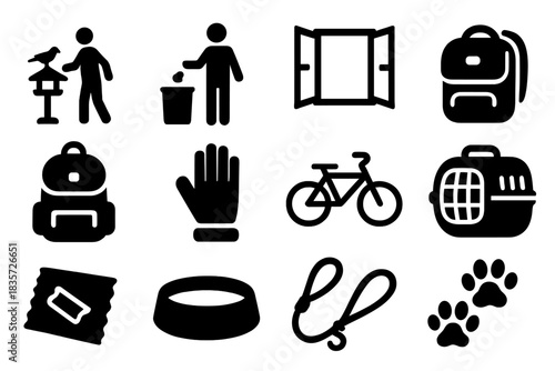 Human Encounter Icons. Solid style icons of Human Encounters: Bird Feeder, Trash Can, Open Window, Backpack, Gloved Hand, Bicycle,