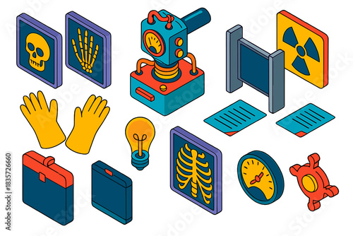 Vintage Radiology Icons. Isometric vector illustration set Vintage Radiology: X-ray film plate, hand bones scan, antique machine,