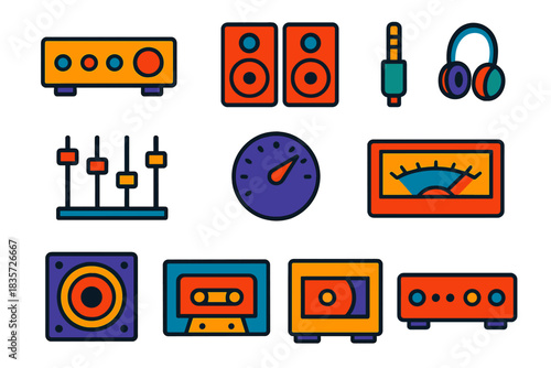 Hi-Fi Audio Icons. Flat vector icons of Hi-Fi Audio Gear: stereo amplifier, speaker pair, headphone jack, EQ sliders, volume knob,