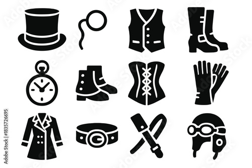 Steampunk Style Icons. Solid style icons of Steampunk attire: top hat, monocle, waistcoat, leather boots, pocket watch, spats,