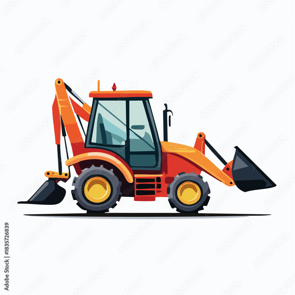 Naklejka premium A vibrant illustration showcases a detailed backhoe loader, perfect for construction projects and industrial applications, isolated on a clean white background.