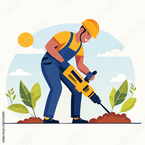 A construction worker uses a jackhammer to break ground, with plants and a sunny sky in the background, illustrating labor.
