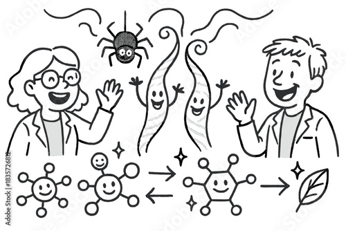 Playful Silk Innovation Lab. Playful doodle synthetic silk lab with cheerful researchers, cartoon spider-inspired fibers waving,