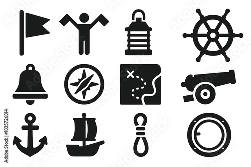 Naval Signal Icons. Solid style icons of Naval Signals: Signal Flag, Semaphore, Lantern, Ship Wheel, Bell, Compass, Chart, Cannon,