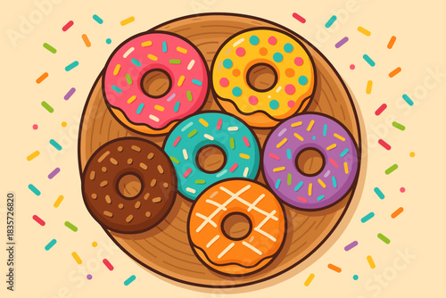 Colorful Donut Arrangement. Flat lay of colorful donuts sprinkled with vibrant toppings on a wooden plate, playful and cheerful,