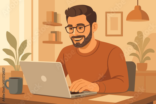 Productive Workspace Vibes. Portrait of a smiling man working on a laptop in vector illustration a softly lit modern workspace,
