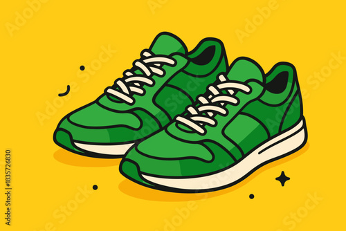 Playful Green Sneakers. Playful green sneakers placed vector illustration on a vibrant yellow background, bold and modern
