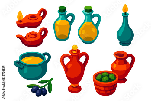 Isometric Oil Illustrations. Isometric vector illustration set Oleology: oil lamps lit, jars of olive oil, ritual anointing