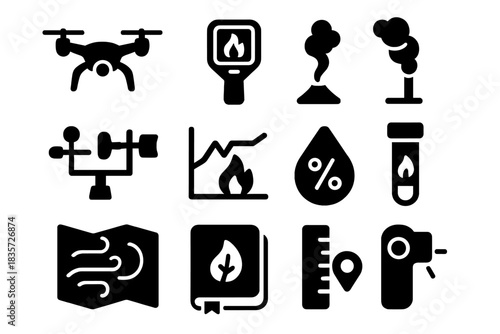 Fire Science Tools. Solid style icons of Fire science observation: drone, thermal camera, smoke plume tracker, weather station,