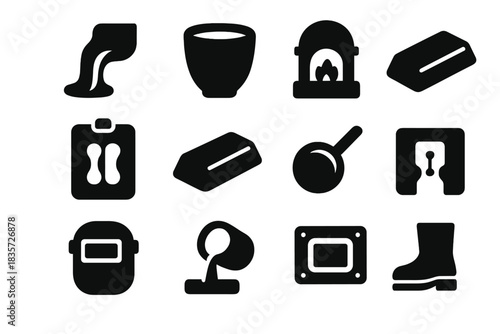 Foundry Craft Icons. Solid style icons of Foundry Craft: Molten Metal, Crucible, Smelting Furnace, Casting Mold, Ingot, Ladle,