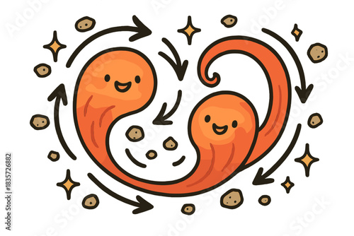 Joyful Mantle Convection. Cute doodle mantle convection with smiling magma currents, cartoon arrows swirling joyfully, tiny rocks