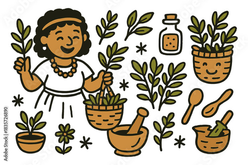 Joyful Healer Doodle. Playful doodle traditional healer scene with happy characters holding herbs, smiling baskets of plants, and