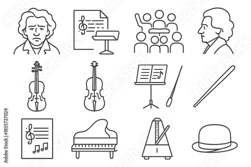 Forgotten Composer Icons. Line style icons of Forgotten Composer: Unfinished Score, Conductor's Podium, Silent Orchestra, Lost