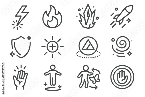Spellcasting Icons. Line style icons of spellcasting: lightning bolt, fireball, ice shard, magic missile; shield spell, healing