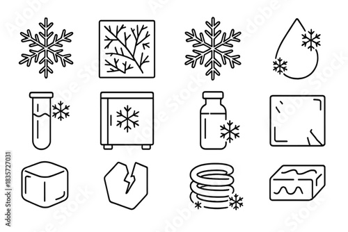 Frozen Elements Icons. Line style icons of frozen materials: ice crystal, frost pattern, snowflake, frozen droplet; frosted tube,