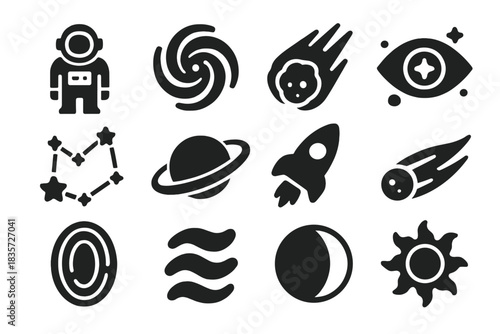 Cosmic Icons Collection. Solid style icons of Cosmic Journeys: Astronaut, Galaxy, Meteor, Cosmic Eye, Star Map, Saturn, Rocket,