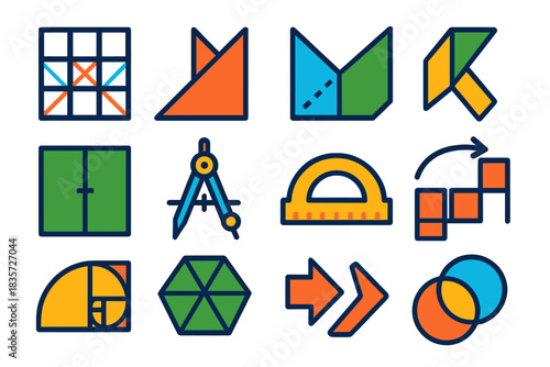 Geometric Folding Icons. Flat vector icons of mathematical principles in folding: crease pattern grid, mountain fold symbol,