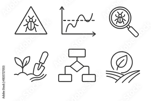 Integrated Pest Management Icons. Line style icons of Integrated Pest Management: IPM triangle, threshold level graph, scouting