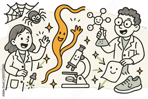 Playful Silk Innovation Lab. Playful doodle synthetic silk lab with cheerful researchers, cartoon spider-inspired fibers waving,