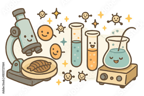 Playful Fossil Analysis. Adorable doodle molecular analysis of fossils with cheerful test tubes, cartoon microscopes observing