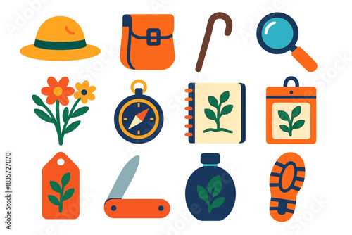 Field Botany Icons. Flat vector icons of Field Botany: explorer’s hat, sample bag, walking stick, hand lens, wildflower bunch,