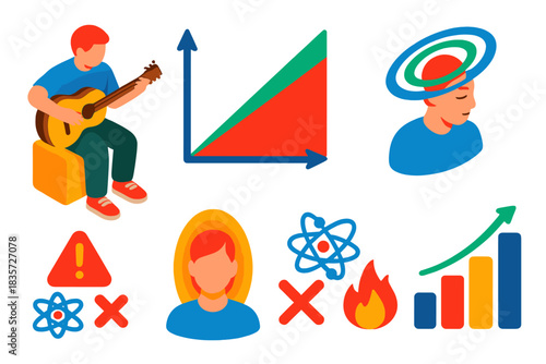 Flow State Illustration. Isometric vector illustration set Psychology of optimal challenge: musician practicing, skill-to-task