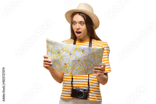 Принти на полотні Surprised young tourist looking at a map with wide eyes, reacting to unexpected
