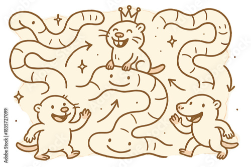 Playful Mole-Rat Dynamics. Playful doodle reproductive roles illustration with cheerful queen, cartoon worker and soldier