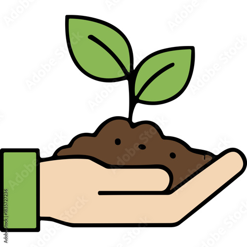 Close up of a Light Skinned Hand Holding Dark Rich Soil with Two Green Leaves Growing Above in Soft Natural Light