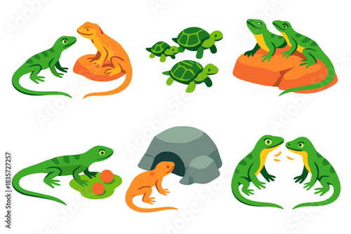 Reptile Social Learning Icons. Isometric vector illustration set Social learning in reptiles: lizards observing peers, turtle
