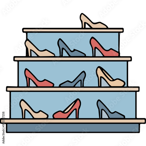 Collection Of Elegant High Heel Shoes In Various Colors Displayed On A Tiered Shelf In A Store Or Boutique With Light Blue Background And Natural Lighting