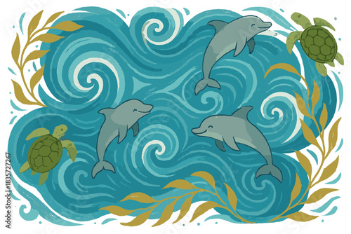 Marine Life Ballet. Ocean current dance with swirling waves, happy dolphins, drifting sea turtles, and floating kelp ribbons No