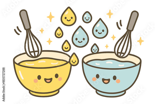 Cheerful Doodle Emulsion. Cute doodle emulsion experiment with cheerful mixing bowls, smiling droplets of oil and water, cartoon