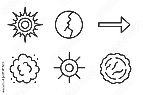 Nucleosynthesis Icons. Line style icons of Nucleosynthesis in Supernovae: stellar shockwave, iron core collapse, r-process arrow,