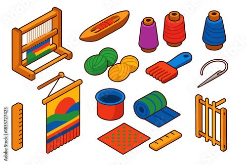 Artisan Weaving Tools. Isometric vector illustration set Artisan Weaving: loom frame, shuttle boat tool, colored thread reels,
