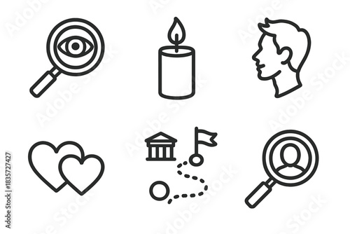 Motivation Icons Set. Line style icons of Visitor Motivation: curiosity lens, remembrance candle, thrill seeker profile, empathy