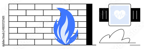 Cybersecurity, personal health, smart devices, technology protection, health monitoring, secure connections. Illustration of a firewall and a smartwatch with a heartbeat icon. Cybersecurity