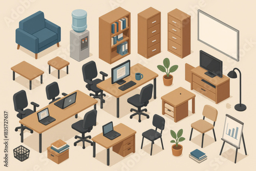 Office furniture isometric vector collection for workspace design