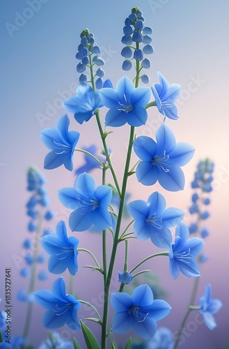 A close-up shot of a tall stalk of delicate blue bell-shaped flowers against a soft, gradient sky.